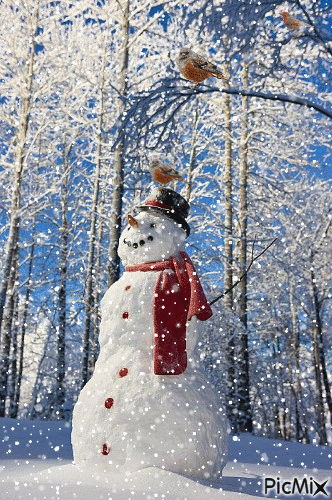 Snowman and Birds - Free animated GIF