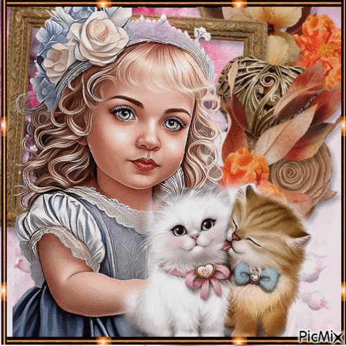 niña con dos gatos - Zdarma animovaný GIF