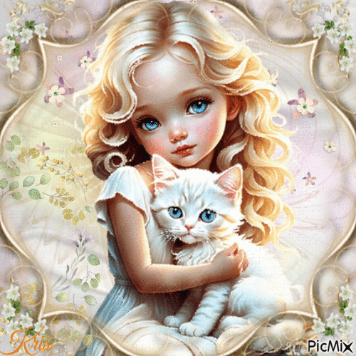 Fille avec un chaton blanc - Darmowy animowany GIF