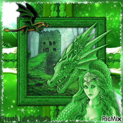 {♦Fantasy Girl and Dragon in Green Tones♦} - Ilmainen animoitu GIF
