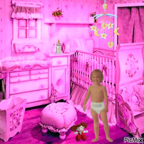 Baby and doll in pink nursery - PNG gratuit