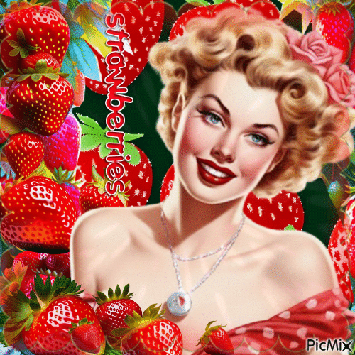 Vintage-Frau in Rot und Erdbeeren - Ingyenes animált GIF