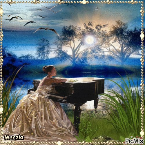 femme avec piano - Zdarma animovaný GIF