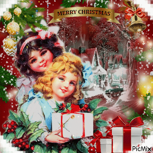 Frohe Weihnachten - Vintage-Kinder - Безплатен анимиран GIF