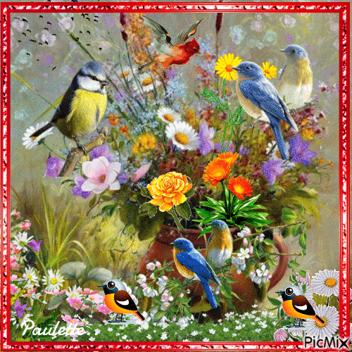 bouquet de fleurs et oiseaux - Бесплатный анимированный гифка