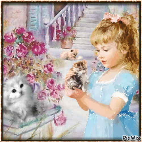 la fille et le chat - Δωρεάν κινούμενο GIF