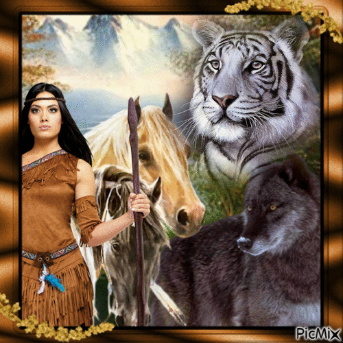 Tigre, loup, cheval et femme - GIF animé gratuit
