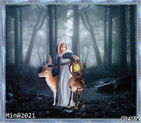 Min@ kvinna i skogen med rådjur - Безплатен анимиран GIF