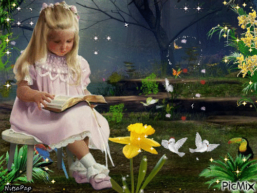 The little girl reads. ❤ - Бесплатни анимирани ГИФ