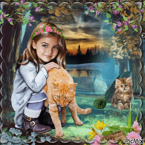 Fille avec le chat - Darmowy animowany GIF