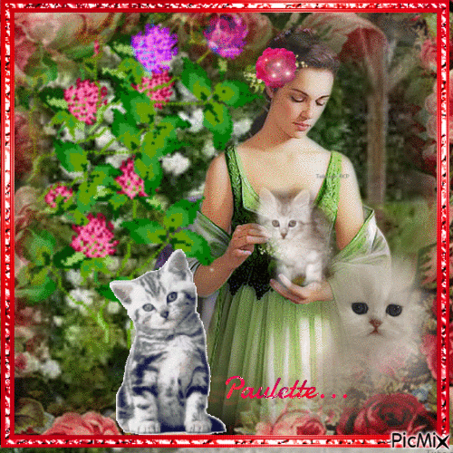 dame aux fleurs avec chaton - Ingyenes animált GIF