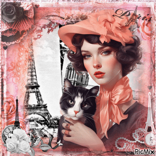 Vintage woman with a cat. - GIF เคลื่อนไหวฟรี