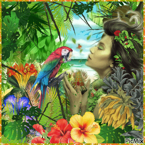 Femme fantasy avec perroquet. - Free animated GIF
