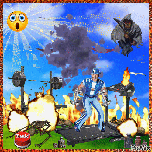 sportacus worked out so hard the gym exploded - Free animated GIF