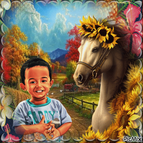 cheval et garçon - Безплатен анимиран GIF