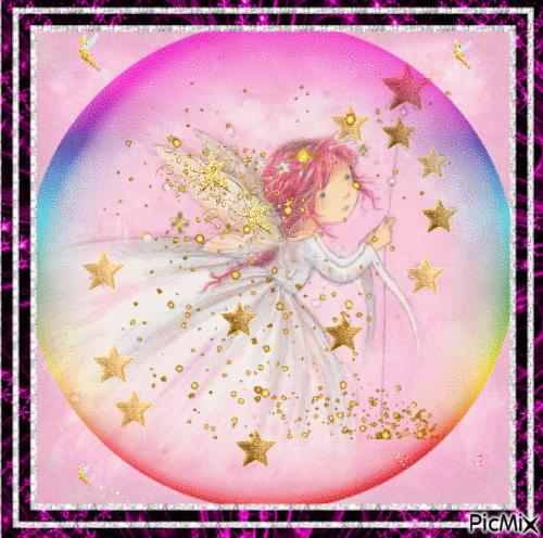 A LITTLE FAIRY IN A COLORFUL BUBBLE, LOTS OF GOLD STARSON THE BIBBLE 4 LITTLE FAIRIES IN EACH CONOR. - Бесплатни анимирани ГИФ