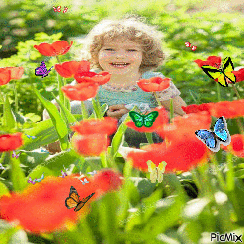Enfants et papillons - GIF animado grátis