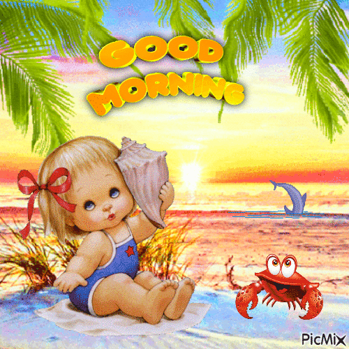 Good Morning Little Girl on the Beach - Nemokamas animacinis gif