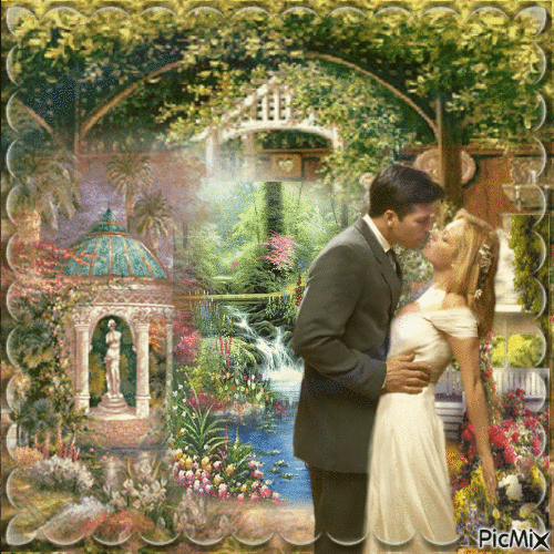 Couple dans jardin vintage - GIF animado gratis