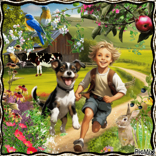 Enfant avec un chien ou chat - Безплатен анимиран GIF