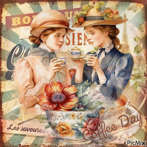 1 october international coffee day vintage woman friends - Free animated GIF