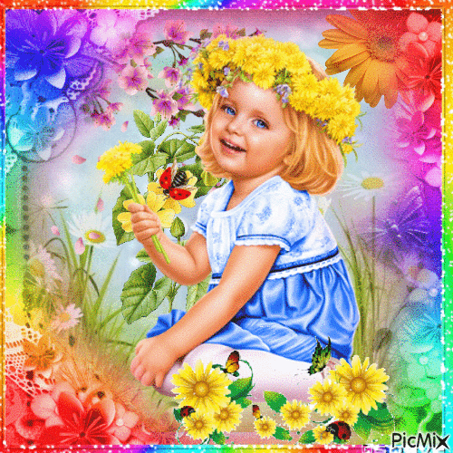 little girl with flowers - Ingyenes animált GIF