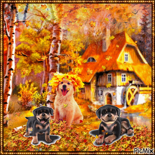 chiens qui jouent dans les feuilles - Darmowy animowany GIF