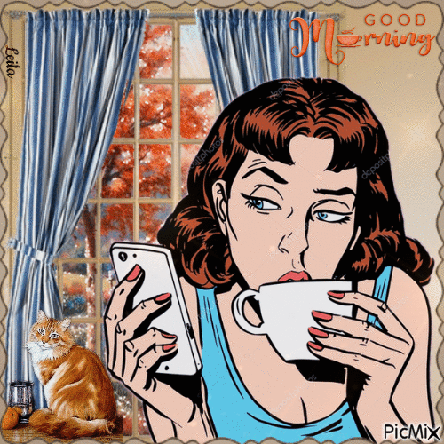 Good morning. Autumn, window, mobil, woman - Безплатен анимиран GIF