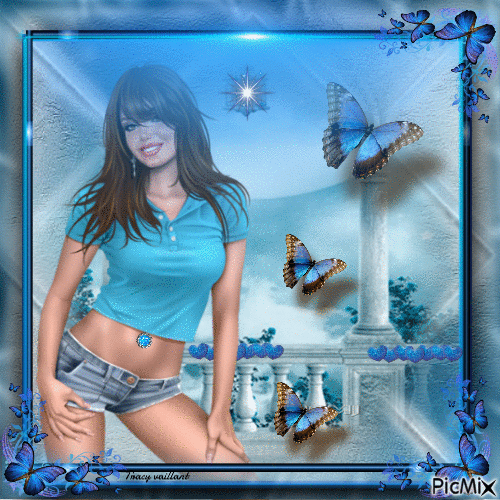 Girl with butterfly in blue - Бесплатный анимированный гифка