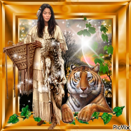 Native American Women and her Tiger - PNG gratuit