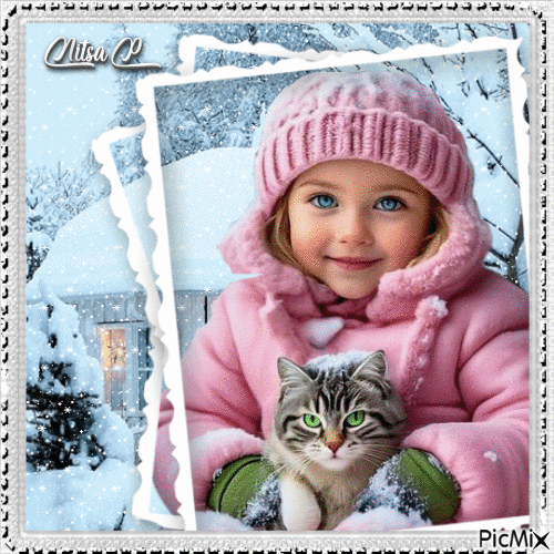 Little girl with her cat in the snow 🤍 - Gratis animerad GIF