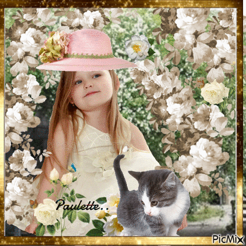 petite fille et roses blanches - GIF animé gratuit
