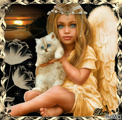 L’ange enfant et son chat - GIF animé gratuit