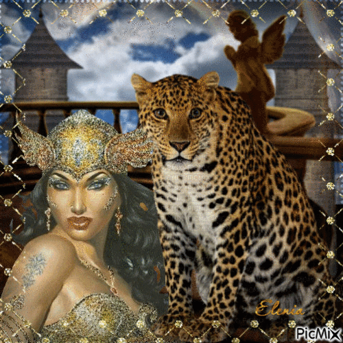 Воительница с леопардом - GIF animé gratuit