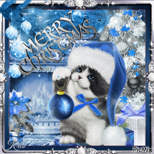 Chat de Noël - Tons bleus et glitter⛄🎅🎄 - Gratis geanimeerde GIF