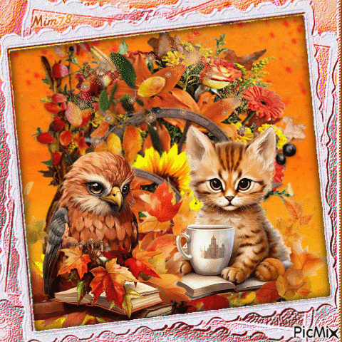 Bouquet d'automne, un café et deux animaux - Ilmainen animoitu GIF