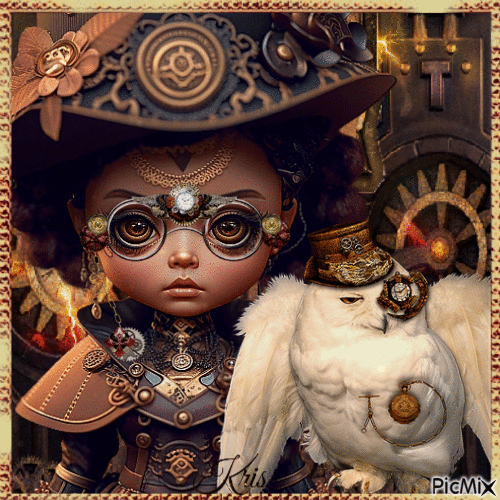 Fille et animal - Steampunk - Free animated GIF