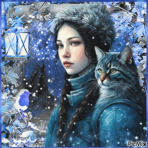 Woman with Cat in Winter - Fantasy - Бесплатни анимирани ГИФ