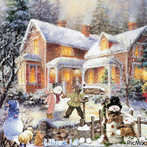 La maison et les bonhommes de neige, plus le petit garçon qui s'amuse ♥♥♥♥♥ - Gratis animeret GIF