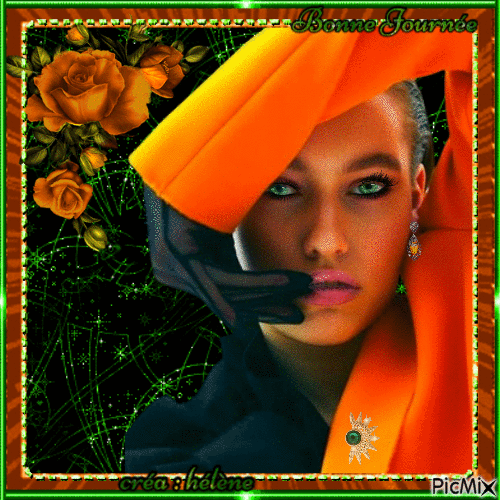 Portrait de femme - Tons oranges et verts - Free animated GIF