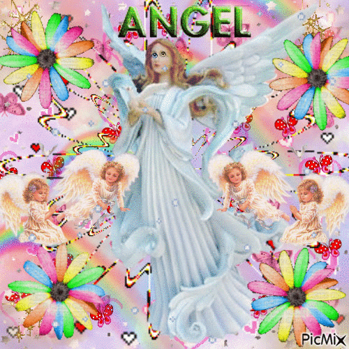 A PASTEL BLUE, PINK, AND PURPLE BACKGROUND WITH GOLD SPARKLES, PINK BUTTERFLIES AND RED AND PINK HEARTS, 4 PINWHEELS, A BIG BLUE ANGEL, AND 4 LITTLE ANGELS AND THE WORD ANGEL IN FRONT OF THE PICTURE. - Bezmaksas animēts GIF