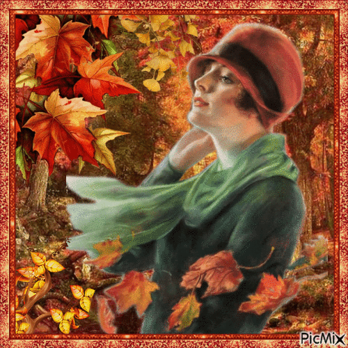 Art Deco Woman im Herbst - Gratis animerad GIF