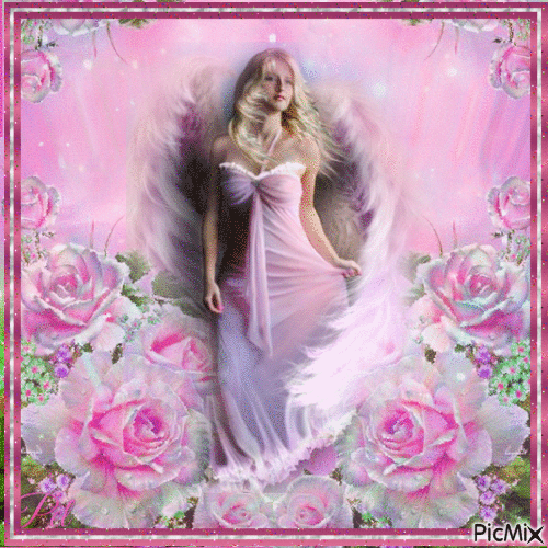 Pink Angel and Roses - Bezmaksas animēts GIF