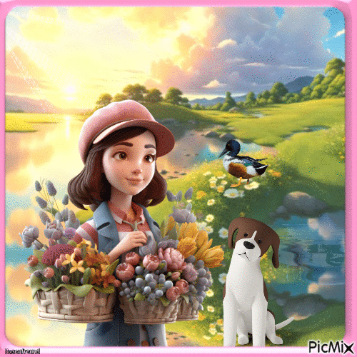 Frau mit Blumenkorb - GIF animado gratis