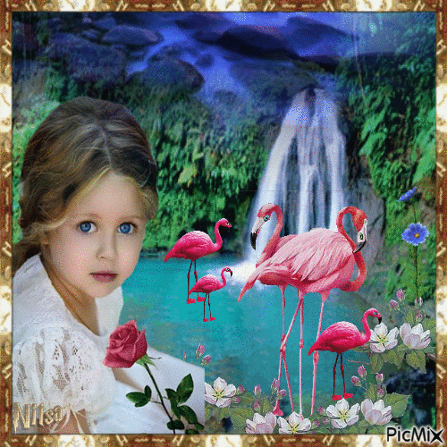 Little girl and flamingo 🌹 - Free animated GIF