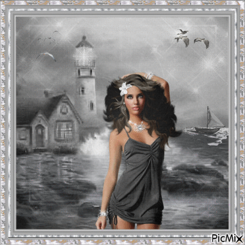 Lighthouse Scene & Woman In Grey And White - Gratis geanimeerde GIF