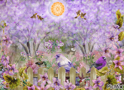 A BACK YARD WITH A WHITE PICKET FENCE WITH PURPLE BIRDS AND PURPLE FLOWERS.A DUCK AND A RABBIT, PURPLE TREES, AND FLYING BIRDS - Gratis animeret GIF