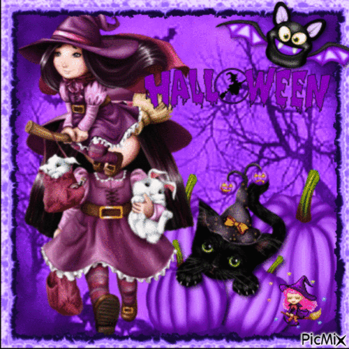 Halloween Witches in Purple - GIF animé gratuit
