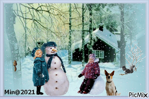 Min@   vinter , barn och djur - Gratis animerad GIF