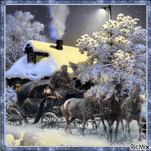 Eine Kutsche fährt durch den Winterabend - Gratis geanimeerde GIF